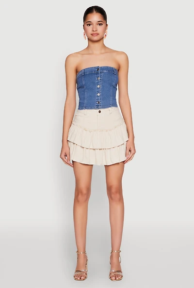 Womens Haute Monde Button Front Denim Tube Top, Blue, Size L