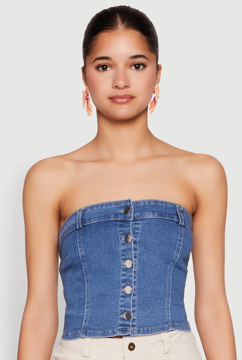 Womens Haute Monde Button Front Denim Tube Top, Blue, Size S