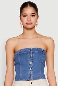 Womens Haute Monde Button Front Denim Tube Top, Blue, Size S
