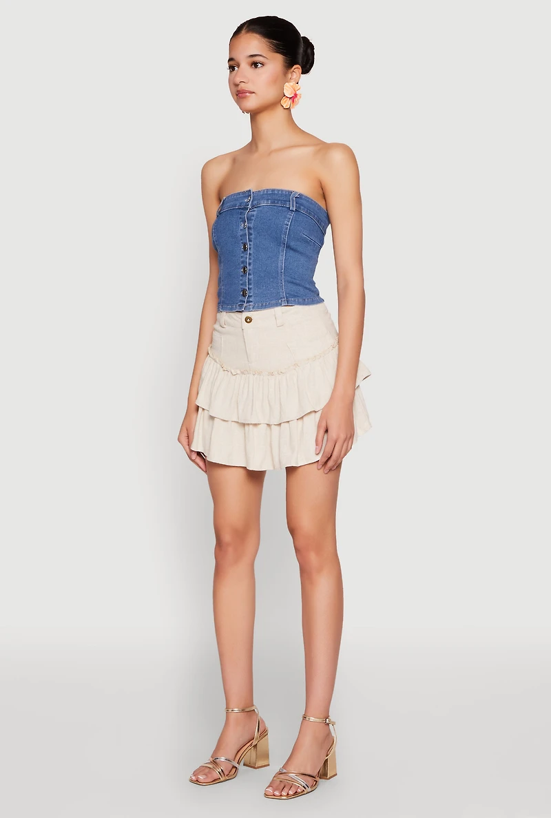 Womens Haute Monde Button Front Denim Tube Top, Blue, Size S