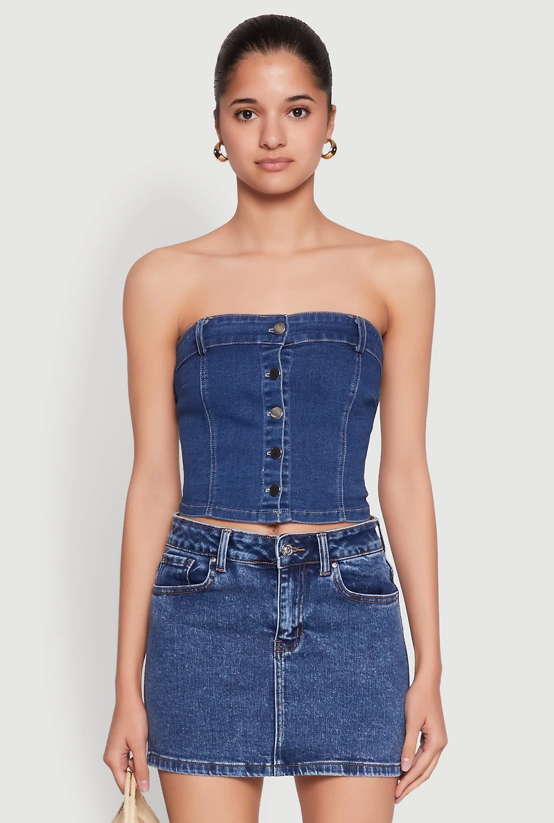 Womens Haute Monde Button Front Denim Tube Top, Blue, Size S