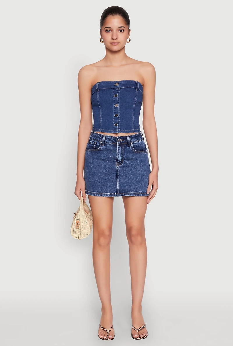 Womens Haute Monde Button Front Denim Tube Top, Blue, Size S
