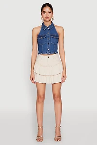 Womens Haute Monde Collared Denim Halter Top, Blue,