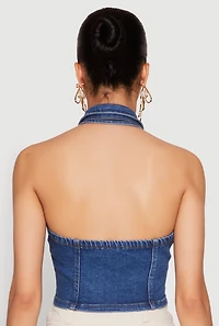 Womens Haute Monde Collared Denim Halter Top, Blue, Size L