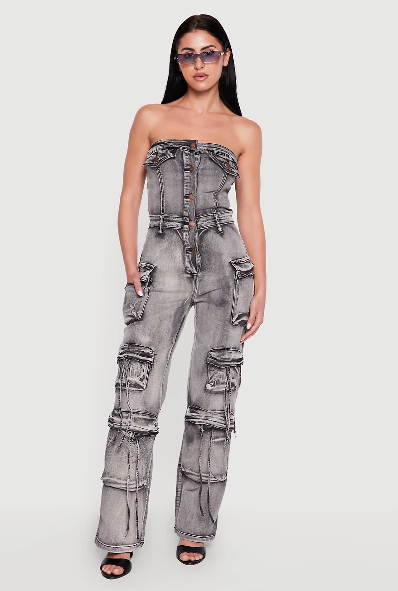 Acid Wash Button Front Cargo Pocket Jumpsuit