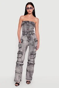 Acid Wash Button Front Cargo Pocket Jumpsuit