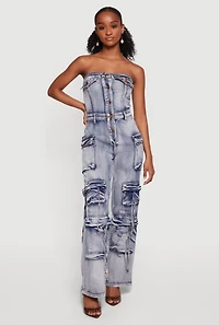 Acid Wash Button Front Cargo Pocket Jumpsuit