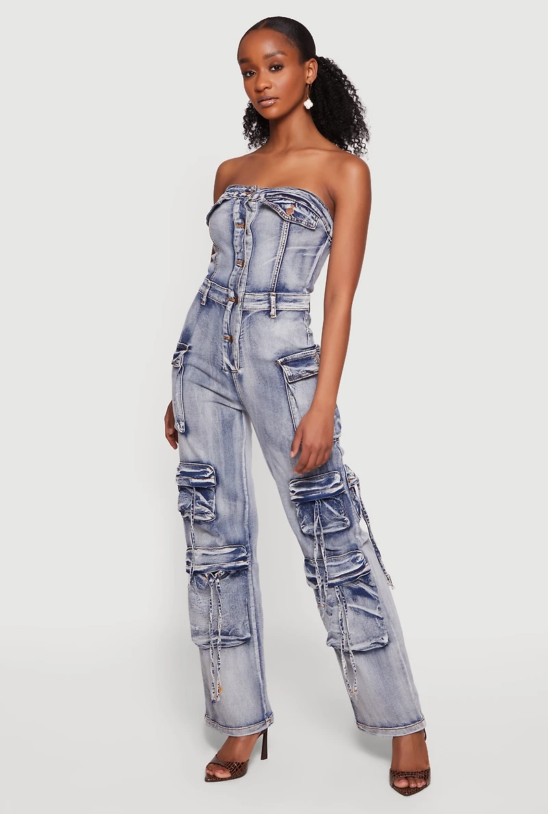 Acid Wash Button Front Cargo Pocket Jumpsuit