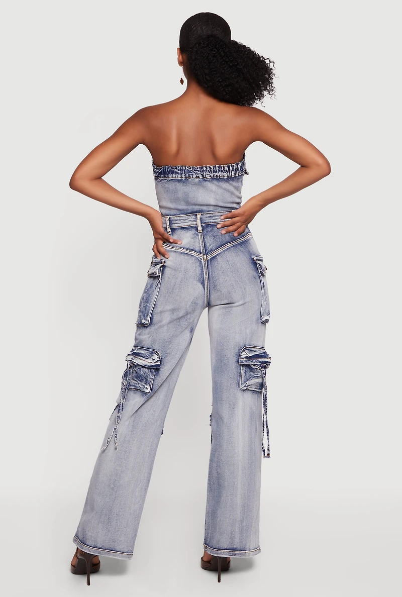 Acid Wash Button Front Cargo Pocket Jumpsuit