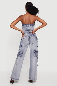 Acid Wash Button Front Cargo Pocket Jumpsuit