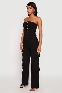 Womens Daisy Denim Button Front Cargo Jumpsuit, Black, Size S