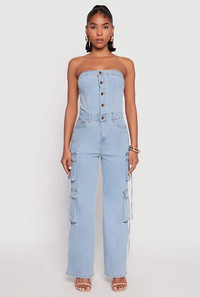 Womens Daisy Denim Button Front Cargo Jumpsuit, Blue,