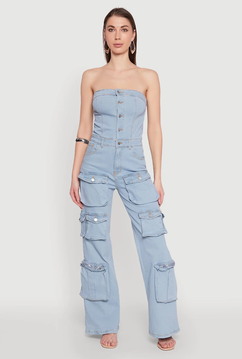Womens Daisy Wide Leg Cargo Pocket Jumpsuit, Blue, Size S