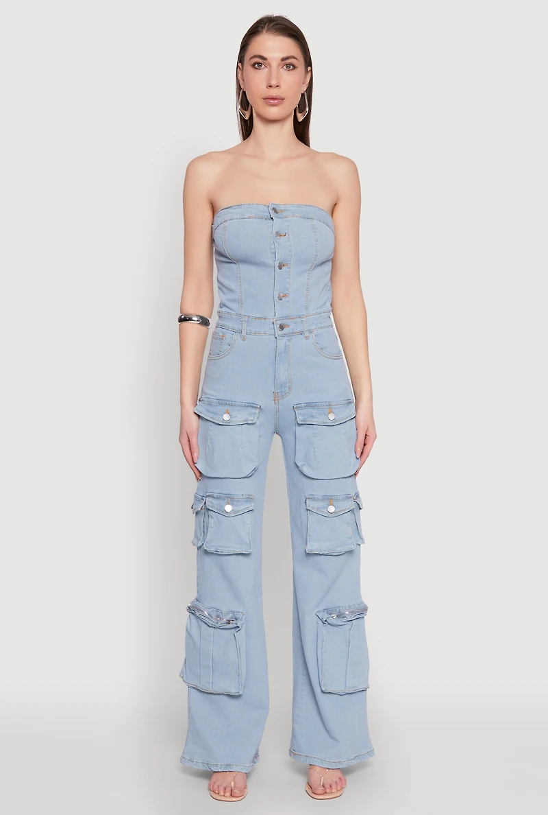 Womens Daisy Wide Leg Cargo Pocket Jumpsuit, Blue, Size M