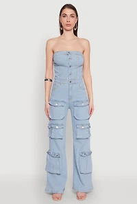 Womens Daisy Wide Leg Cargo Pocket Jumpsuit, Blue, Size M