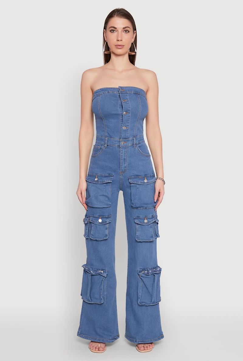 Womens Daisy Wide Leg Cargo Pocket Jumpsuit, Blue,