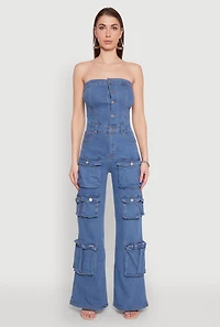 Womens Daisy Wide Leg Cargo Pocket Jumpsuit, Blue,
