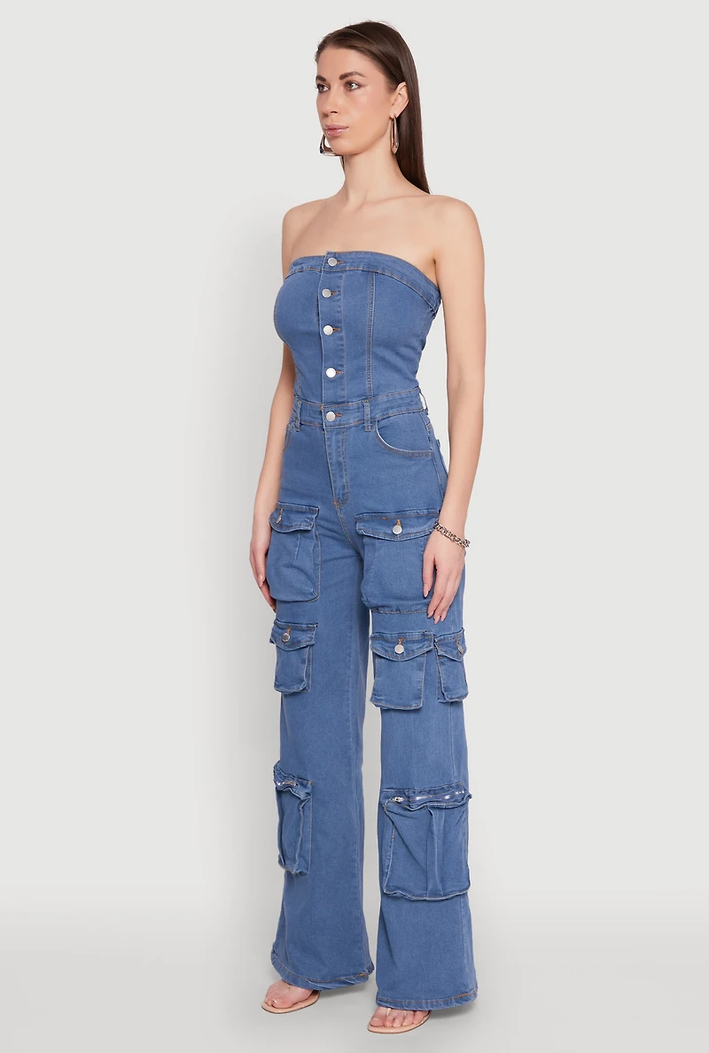 Womens Daisy Wide Leg Cargo Pocket Jumpsuit, Blue,