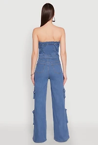 Womens Daisy Wide Leg Cargo Pocket Jumpsuit, Blue,