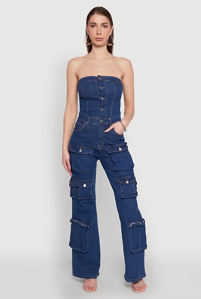 Womens Daisy Wide Leg Cargo Pocket Jumpsuit, Blue,