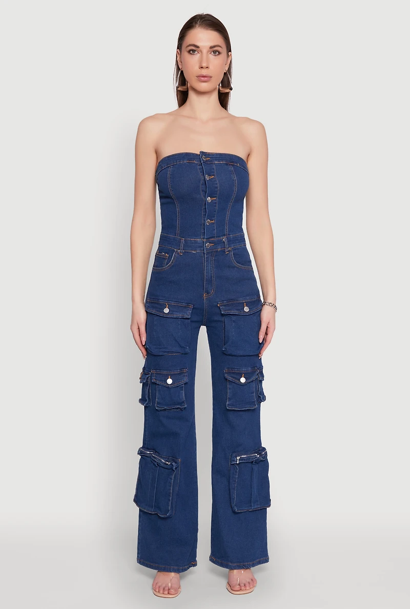 Womens Daisy Wide Leg Cargo Pocket Jumpsuit, Blue, Size M