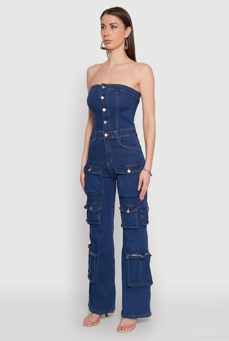 Womens Daisy Wide Leg Cargo Pocket Jumpsuit, Blue, Size M