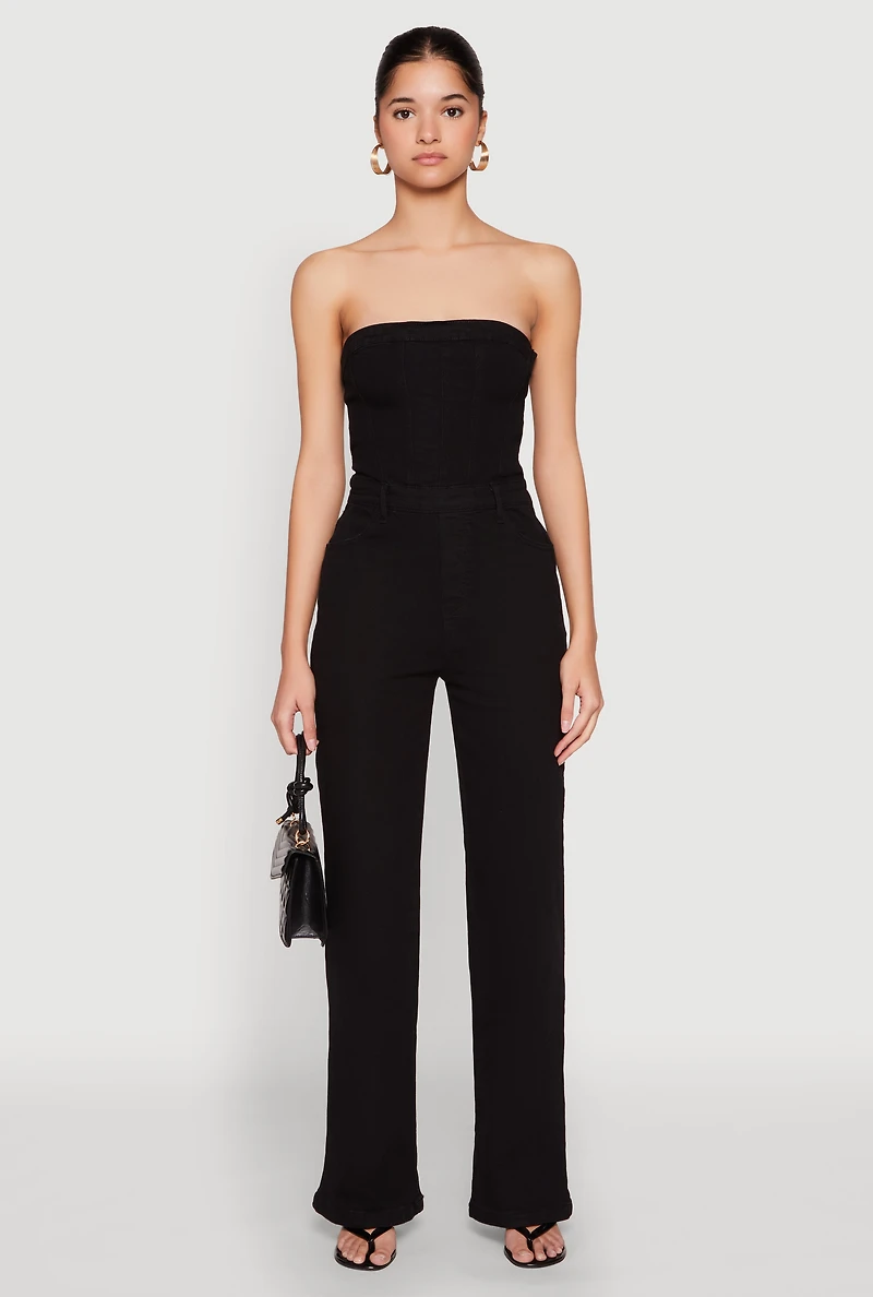 Womens Daisy Strapless Corset Denim Jumpsuit, Black, Size S