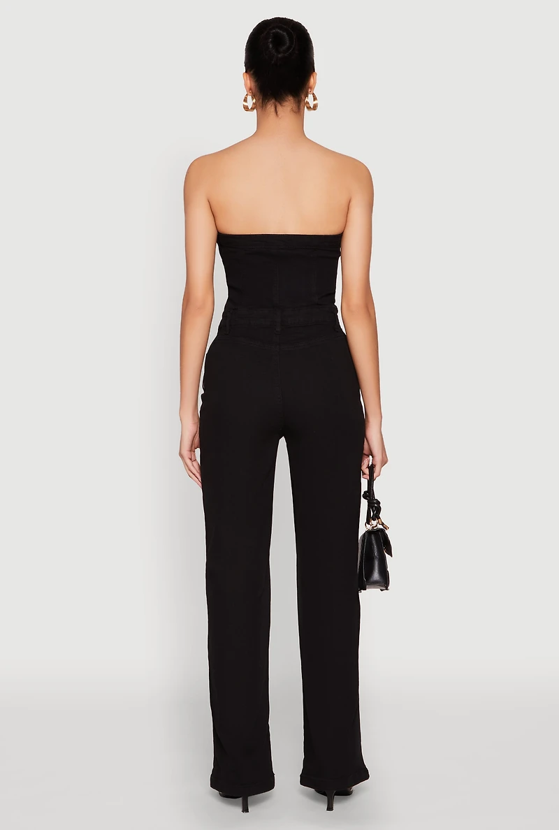 Womens Daisy Strapless Corset Denim Jumpsuit, Black, Size S