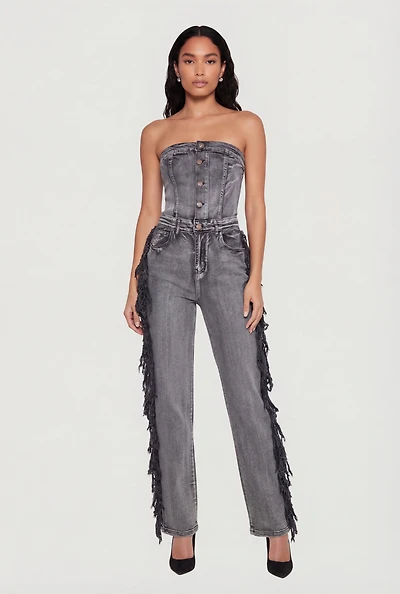 Acid Wash Denim Side Fringe Corset Tube Jumpsuit