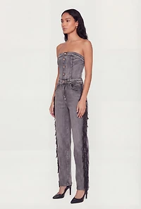 Acid Wash Denim Side Fringe Corset Tube Jumpsuit