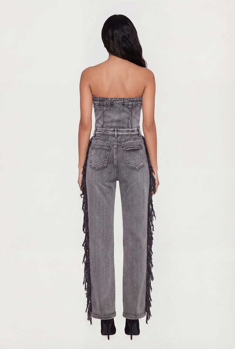 Acid Wash Denim Side Fringe Corset Tube Jumpsuit