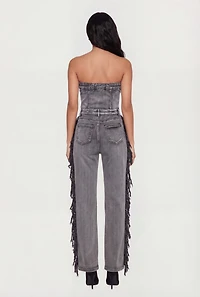 Acid Wash Denim Side Fringe Corset Tube Jumpsuit