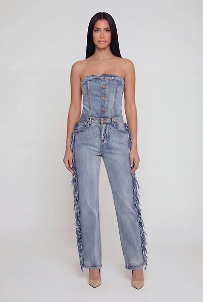 Acid Wash Denim Side Fringe Corset Tube Jumpsuit