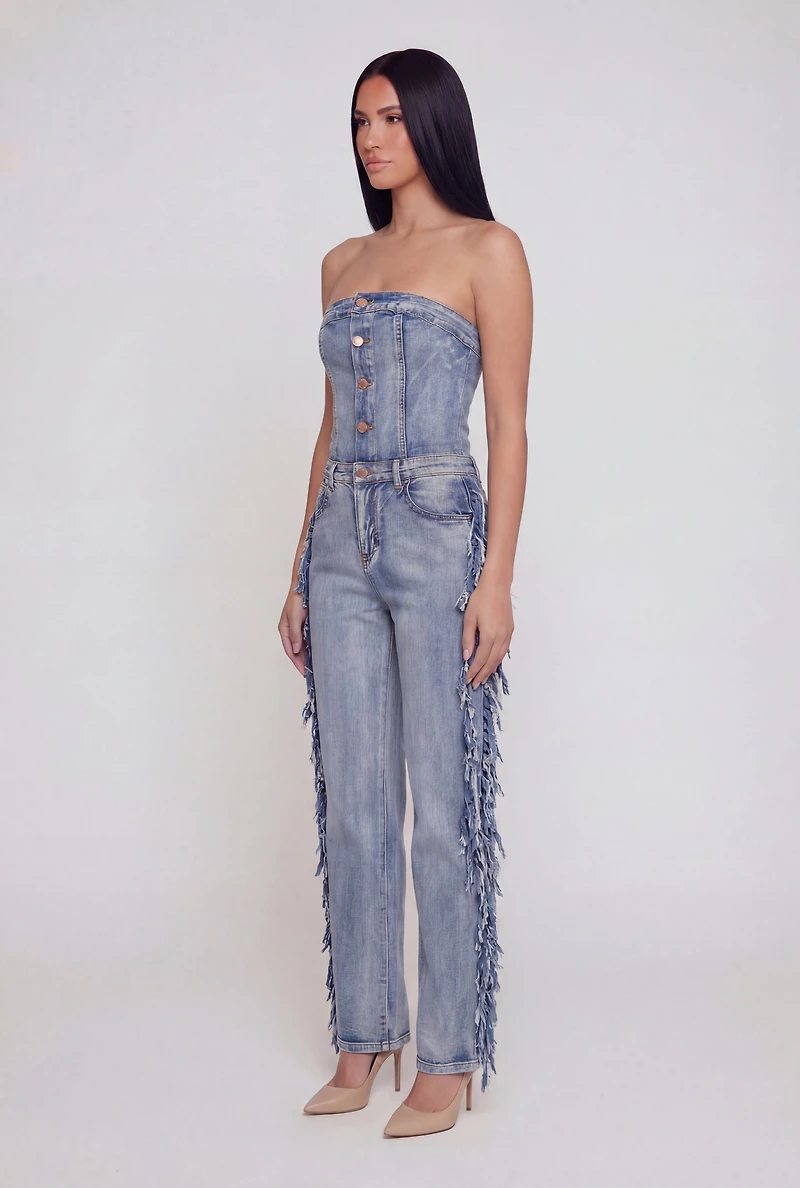 Acid Wash Denim Side Fringe Corset Tube Jumpsuit