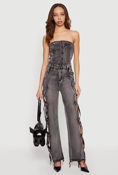 Acid Wash Denim Criss Cross Cut Out Side Jumpsuit