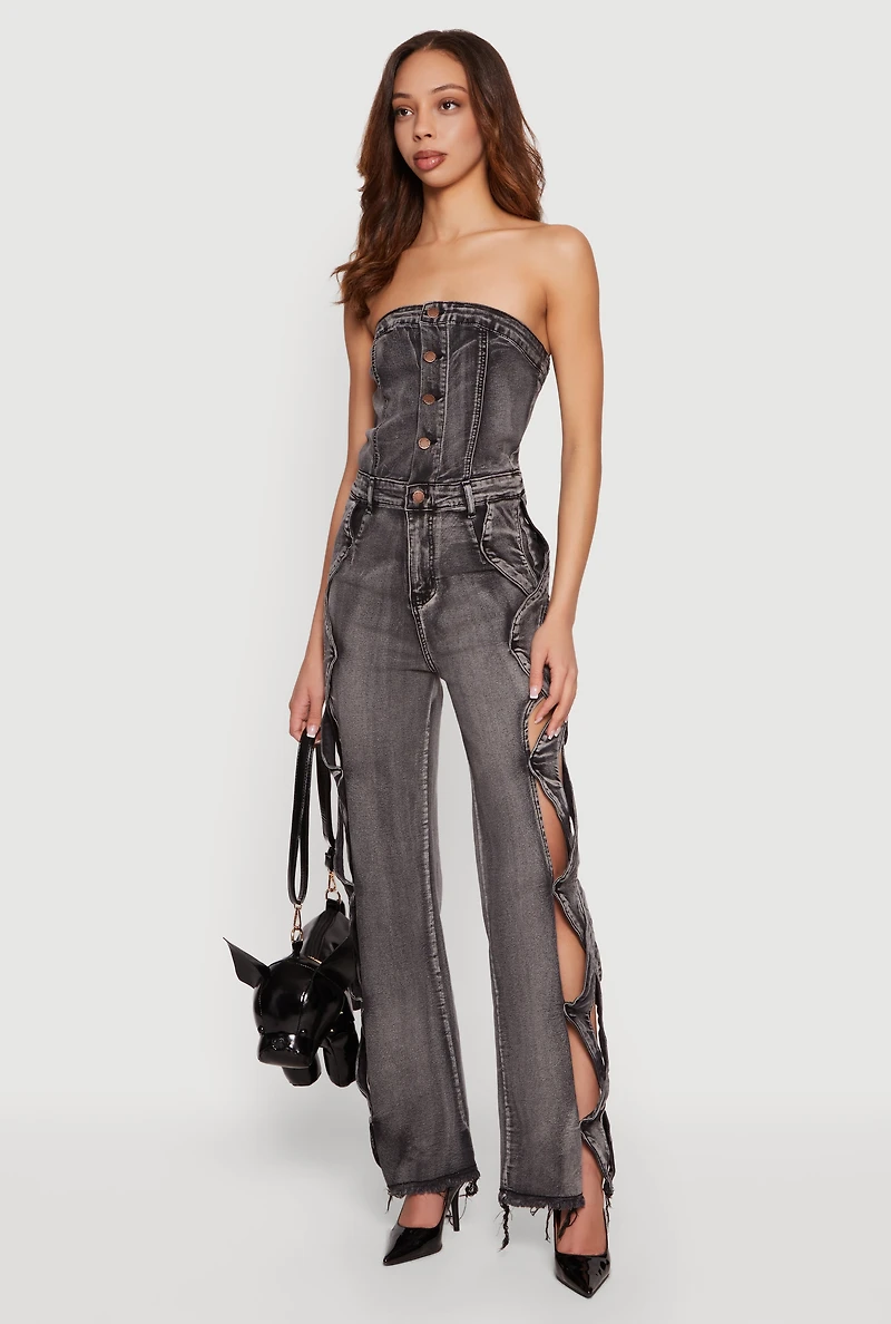 Acid Wash Denim Criss Cross Cut Out Side Jumpsuit
