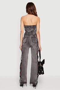 Acid Wash Denim Criss Cross Cut Out Side Jumpsuit