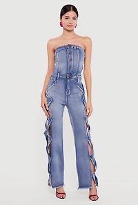 Acid Wash Denim Criss Cross Cut Out Side Jumpsuit