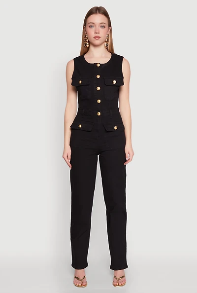 Daisy Sleeveless Button Front Denim Jumpsuit