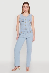 Womens Daisy Sleeveless Button Front Denim Jumpsuit, Blue, Size S