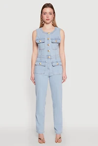 Womens Daisy Sleeveless Button Front Denim Jumpsuit, Blue, Size S