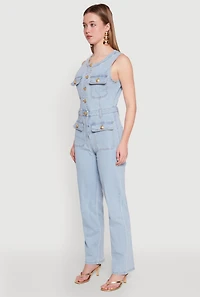 Womens Daisy Sleeveless Button Front Denim Jumpsuit, Blue, Size S