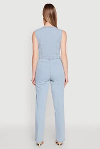 Womens Daisy Sleeveless Button Front Denim Jumpsuit, Blue, Size S