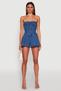 Womens Strapless Lace Up Denim Romper, Blue, Size M
