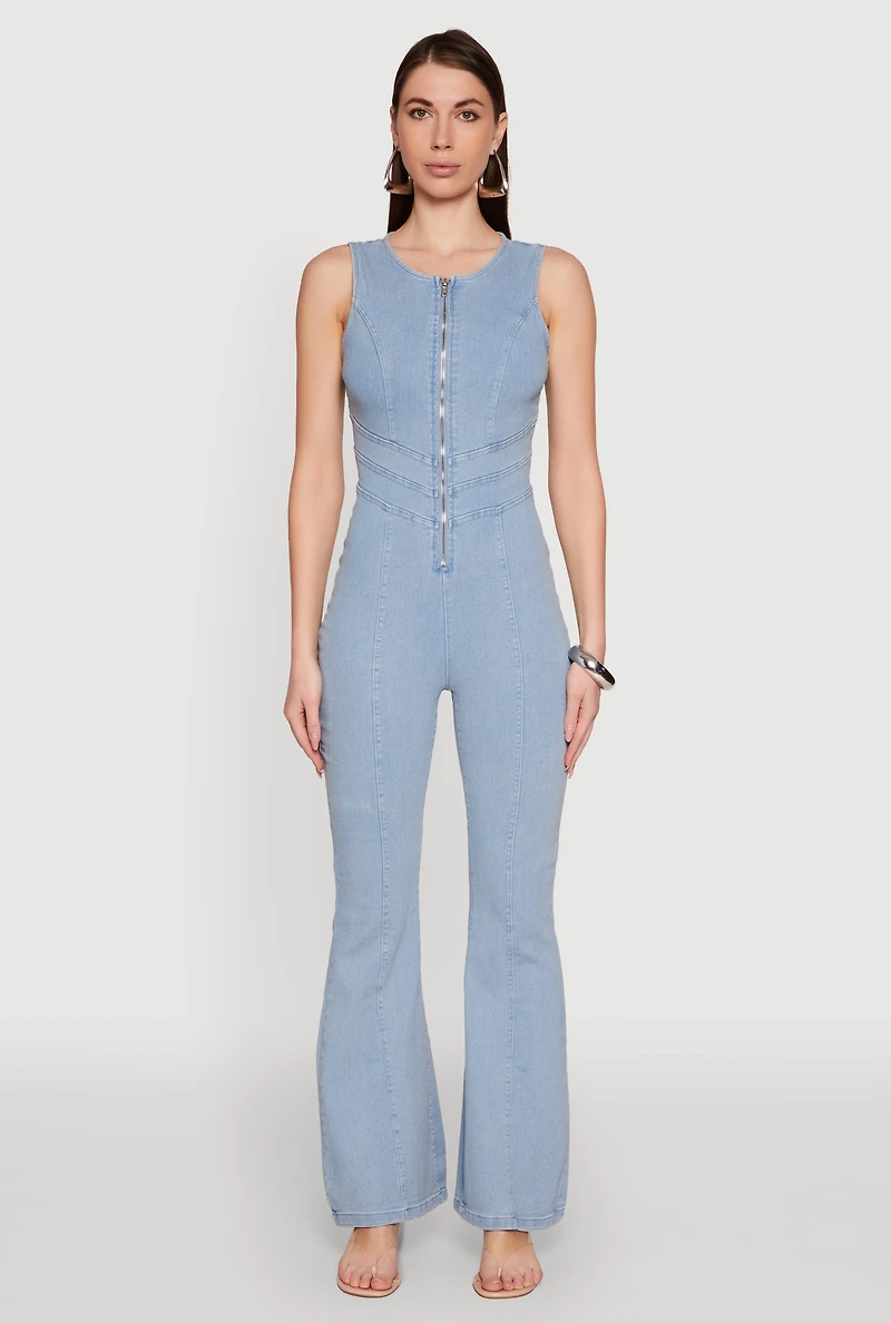 Denim Zip Front Sleeveless Jumpsuit