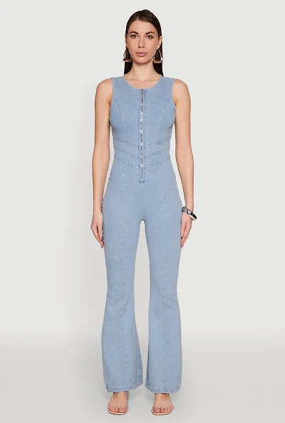 Denim Zip Front Sleeveless Jumpsuit