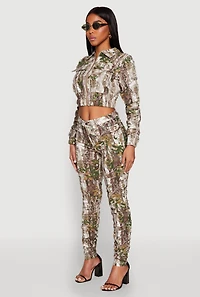Womens Printed Hyperstretch Ruched Sleeve Cropped Jacket, Green, Size M