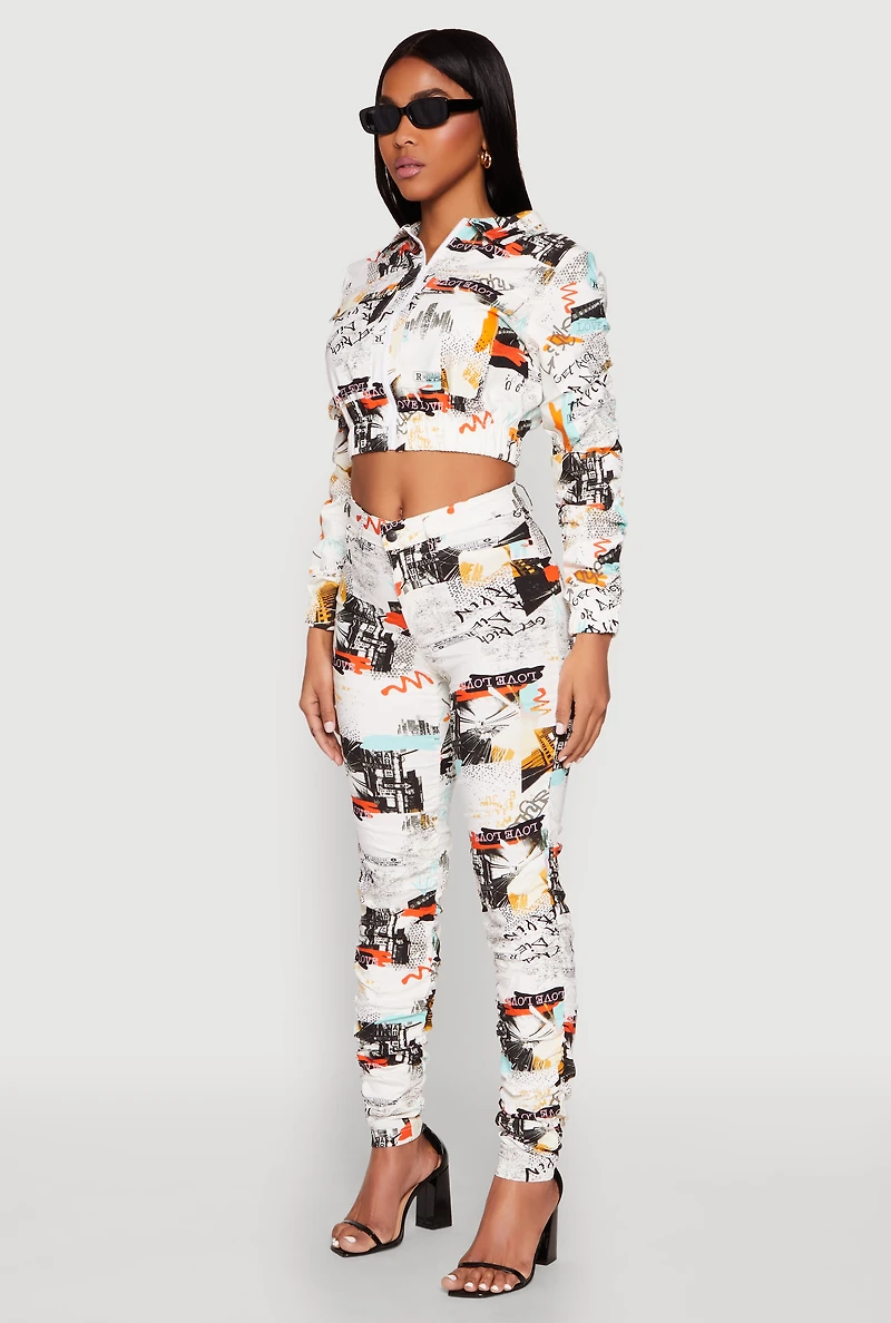 Womens Printed Hyperstretch Ruched Sleeve Cropped Jacket, Multi, Size M