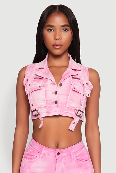 Womens Spoon Jeans Mineral Wash Denim Cargo Vest, Pink, Size M