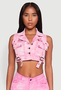Womens Spoon Jeans Mineral Wash Denim Cargo Vest, Pink, Size M